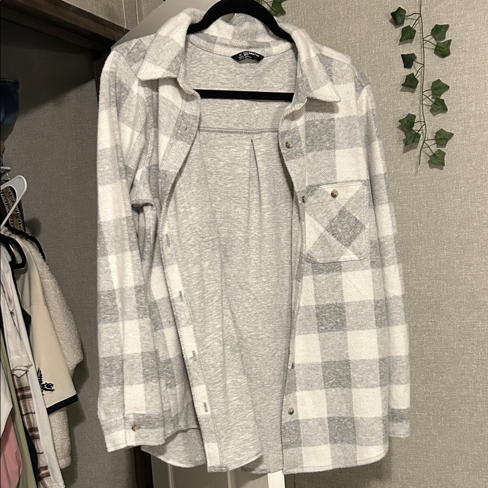 Gray and White Plaid Button-Up Shirt